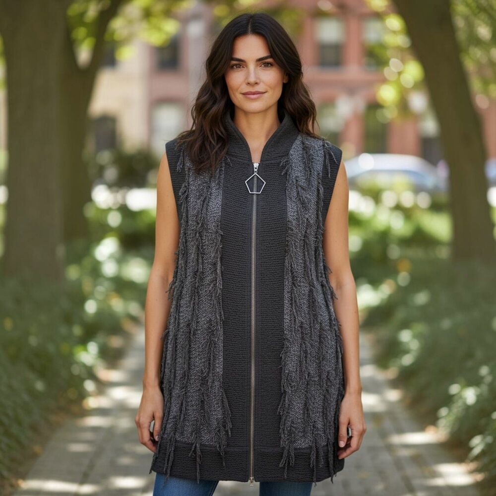 Ic By Connie K  Sleeveless Tunic Vest Large Womens Black Full Zip